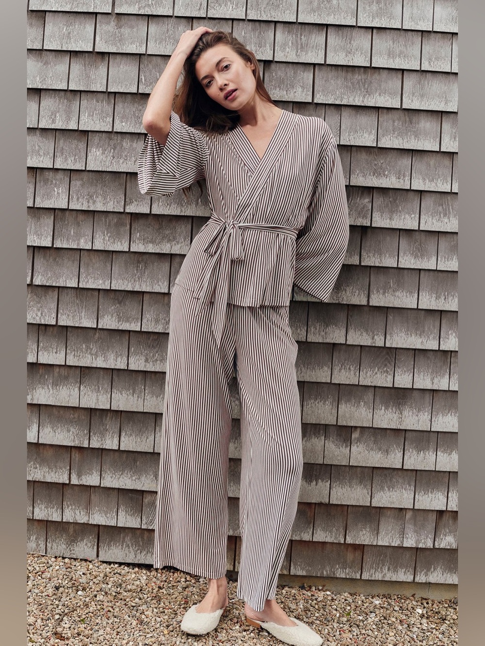 LAKE DreamModal® Kimono Pajama Set in Tan / White Stripe - L